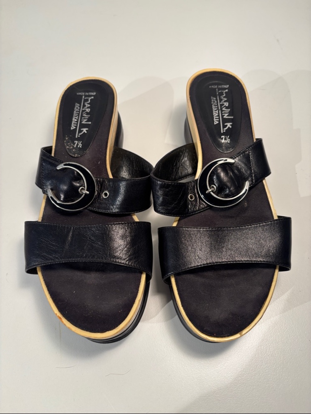 Aquatalia Black Leather Slide Mules with Silver Ring Buckle